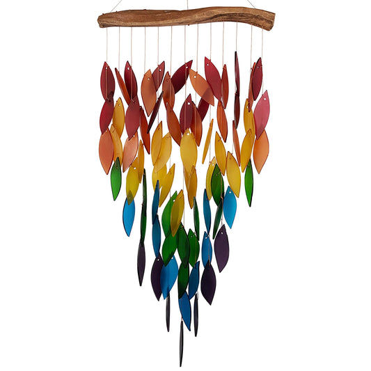 Blue Handworks Deluxe Rainbow Waterfall & Driftwood Chime, Sandblasted Glass and Found Wood Handcrafted Wind Chime