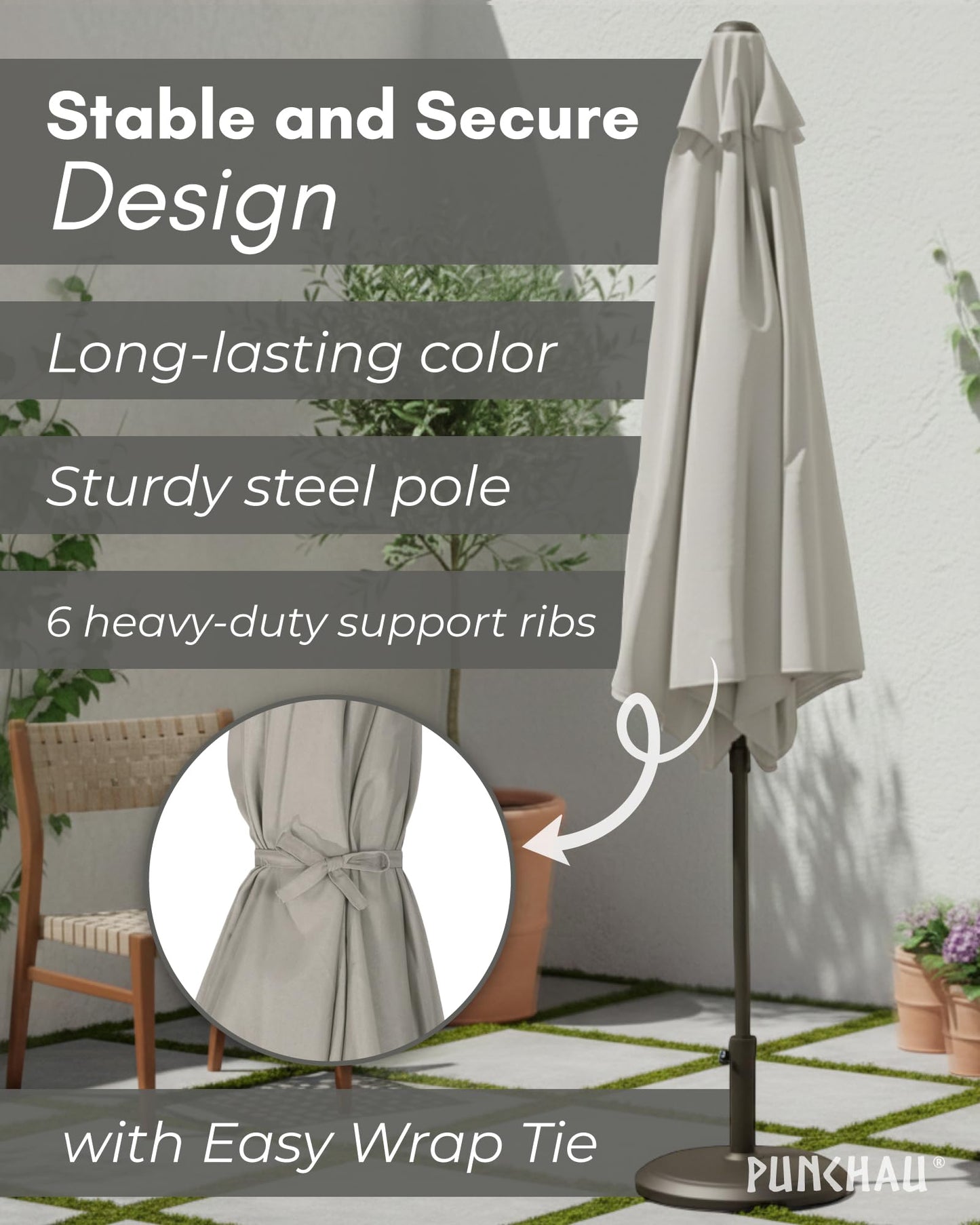 Punchau 6 Ft Outdoor Patio Umbrella - Outdoor Umbrella for Patio, Pool, Table, Garden, Deck, & Beach - Easy Open/Close Crank and Push Button Tilt Adjustment - Beige Market Umbrellas