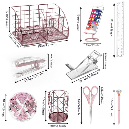 YOLOZAI Office Desk Organizers, Pink 13PCS Office Supplies and Accessories Desk organizer, Acrylic Stapler, Staple Remover, Clips, Scissor, Phone Holder, Pen, Pen Holder