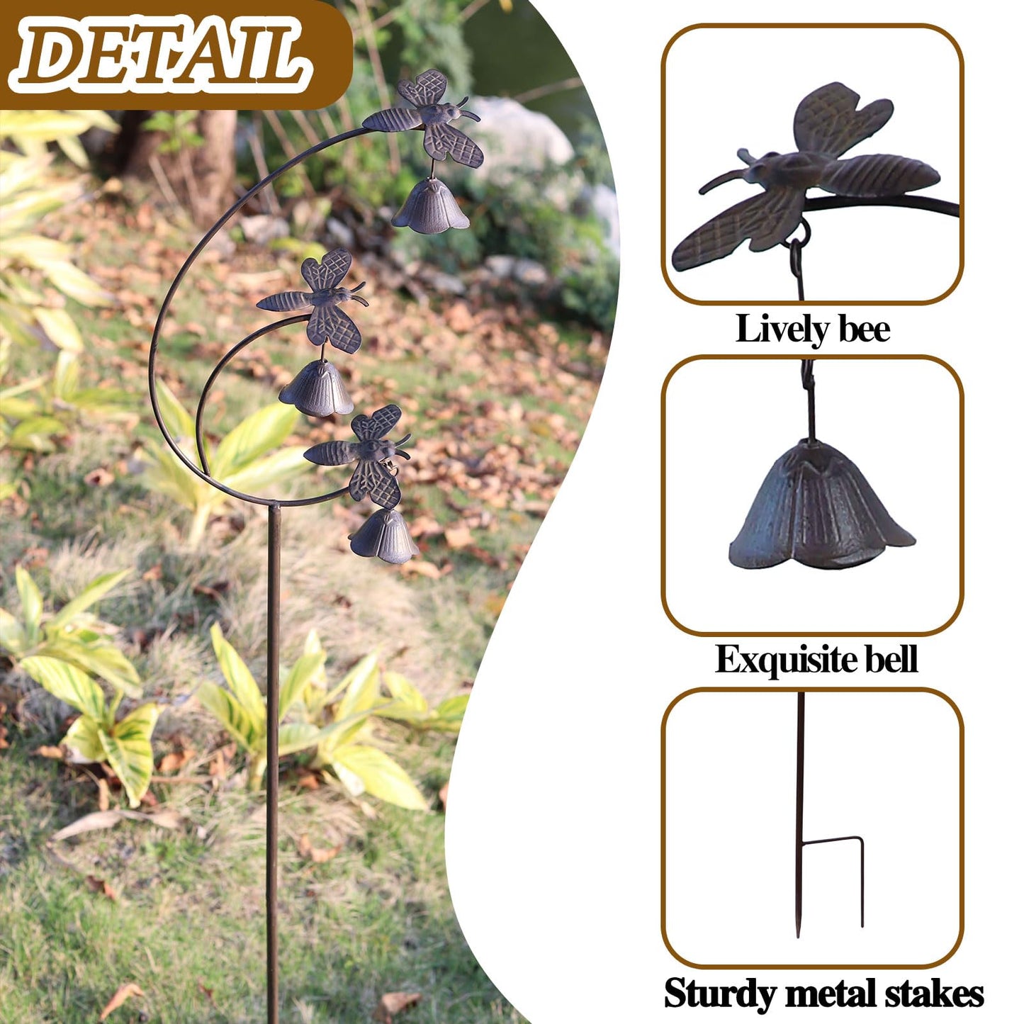Gardens Metal Bees with Bells for Outside Garden Art,Decorative Garden Stakes