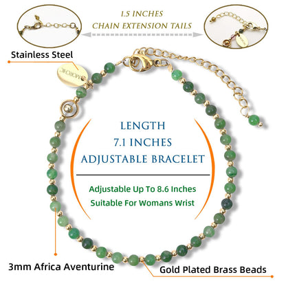 Morchic 3mm Green African Aventurine Natural Gemstone Beaded Bracelet for Women, Dainty Charm Jewelry, Adjustable 7.1-8.6" Ideal Birthday Holiday Gift