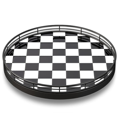 10.2-Inch Black & White Checkerboard Lazy Susan Organizer – Rotating Serving Tray with Oak Base, Iron Frame, & Ceramic Tile –Perfect for Dining Table, Kitchen Cabinet, Bathroom Countertop, Home Décor