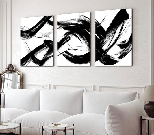 RUURUU 3Pcs Framed Black and White Abstract Wall Art Black Lines Canvas Wall Decor Brush Stroke Pictures Modern Minimalist Gallery Posters Paintings Prints For Living Room Bedroom Home Office 12x16 Inches