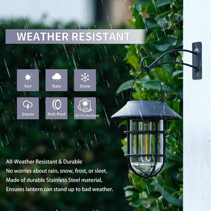 Solar Lantern Hanging Solar Lights Outdoor, Waterproof Metal Wall Lantern with Hooks, Outdoor Wall Lights for Porch, Patio Yard Garden Decor, No Wiring Required, 2 Pack