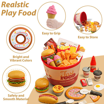 Hydeem 80 Pcs Pretend Play Food Toy for Kids Kitchen Aged 3 4 5, Fast Food Set with Storage Bucket, Pizza, Burger, Ice Cream, Hot Dog, Educational Birthday Toy Gift for Boys Girls