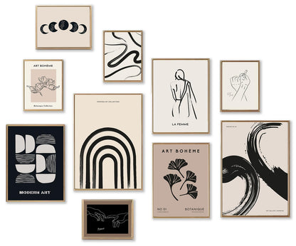 KBKBART Minimalist Boho Wall Art Prints, 10 PCs Abstract Neutral Black Beige Women Body Line Flower Canvas Art, Eclectic Home Decor for Room