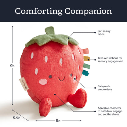 Itzy Ritzy Snuggles Plush Toy – Soft Stuffed Animal for Babies, Kids & Adults – Sensory Ribbons & Textured Fabrics for Tactile Play – Cozy & Cuddly Companion for Newborns & Up (Strawberry)