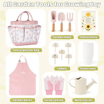 Dreamon Gardening Set Toys for Kids, Quality Garden Tool Kit Includes Tote Bag, Apron, Gloves, Shovel, Rake, Cultivator, Watering Can, STEM Learning Outdoor Gifts for Kids Toddlers (Pink)