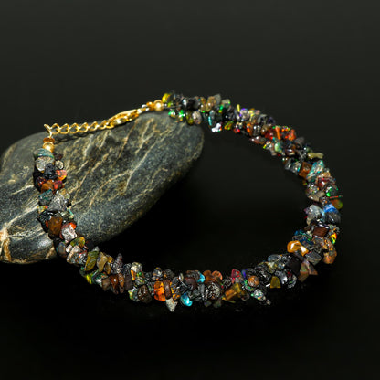 CRYSTALIS Natural Black-Opal Beads Braided Rope Bracelet, Chips Nuggets Beaded Gemstones, Chakra Healing Stones, Womens Jewelry, 14K Gold Plated 925 Sterling Silver Bracelet 8 inch