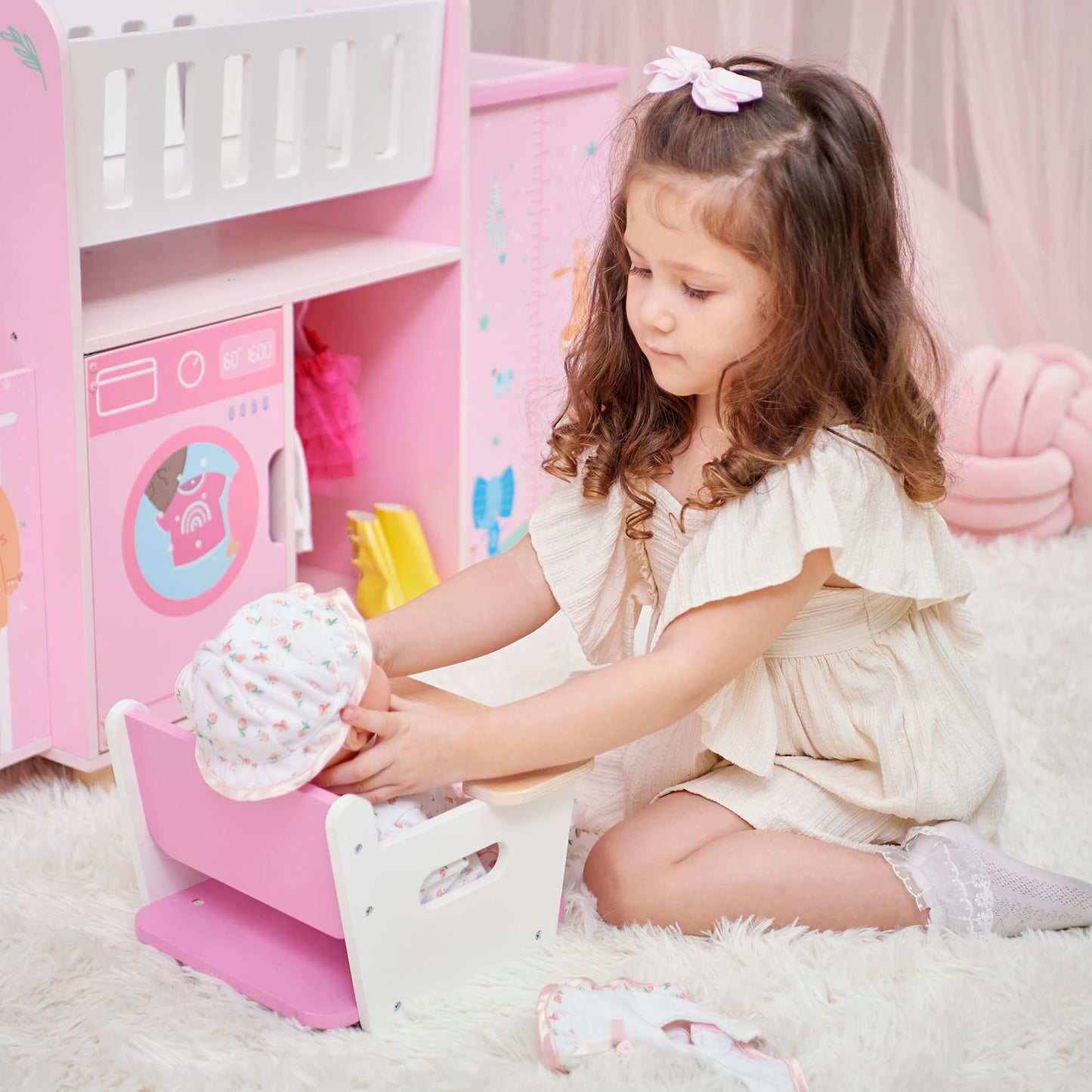 Olivia's Little World 6-in-1 Wooden Baby Doll Nursery Set – Crib, High Chair, Changing Table, Doll Furniture for 16” Dolls – Baby Doll Accessories Playset for Girls Ages 3+, Pink