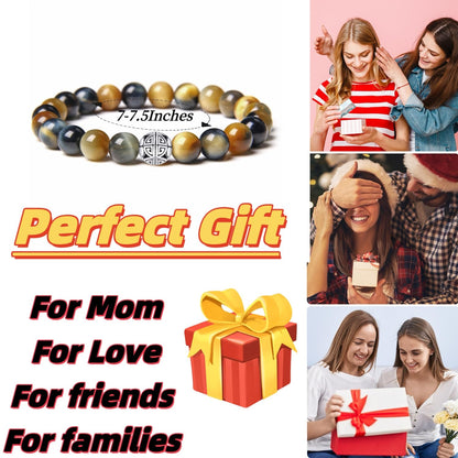 MetJakt Healing Crystals Beaded Bracelets for Womens Natural Gemstone 8mm Beads Stretch Bracelets with 925 Sterling Silver Double Happiness Pendant (Fantastic Tiger Eye Stone)