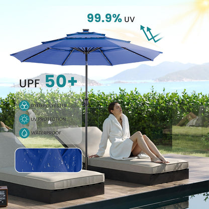 DUMOS 10FT 3 Tier Patio Umbrella with 32 LED Lights, 8 Ribs Outdoor Table Umbrella with Crank, Waterproof Market Umbrella for Pool, Beach, Terrace and Outdoor Restaurant, Navy Blue