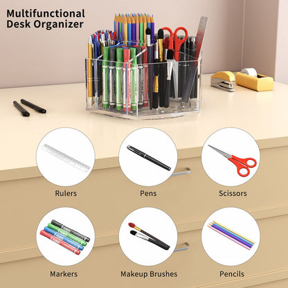 NIUBEE Acrylic Pen Pencil Holder 7 Compartments, Crayon Organizer, Multi-capacity Marker Storage Art Supply Organizer, 360° Rotating Clear Pencil Cup