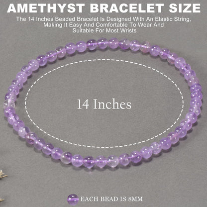 Aluckiss 8mm Amethyst Beaded Bracelet for Women Men Natural Round Beaded Amethysts Stone Healing Stretch Bracelets Elastic Handmade Polished Gemstone Beads Bracelet