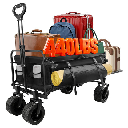 CQKEDMA 440 LBS Wagons Carts Foldable, Folding Collapsible Wagon Cart with Big All-Terrain Wheels & Cup Holders, Utility Graden Carts for Camping, Beach, Garden and Shopping