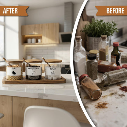 JEORGU 3 Pcs Glass Spice Jars with Acacia Wood Lids & Spoons, 350ml Seasoning Containers with Tray, Clear Sugar Salt Pepper Jars with 9 Labels, Classic Kitchen Countertop Storage Set (Acacia Wood)