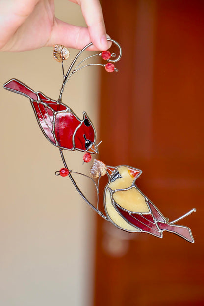 Handmade Cardinal Stained Glass Suncatchers Window Hanging Ornament for Christmas,Memorial Gifts for Women,Red Birds Sun Catcher Decora,Bird Lover Gifts,Real Glass Unique Design