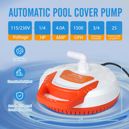 YOKING Automatic Pool Cover Pump, 1/4 HP 1500GPH Swimming Pool Submersible Water Sump Pump, 115/230V with 26ft Power Cord and 2 Adapters Water Removal for Pool, Hot Tub, Pond