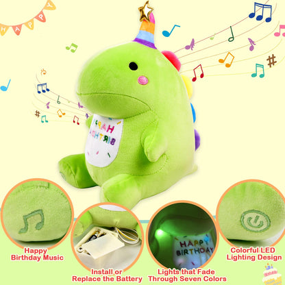 Birthday Dinosaur Plush Stuffed Animal - 12" Green Plush Toy with Light & Happy Birthday Music, Weighted Dino Plushie, Cute Kawaii Soft Pillow Gifts Stuffies for Boys Girls Babies Kids Decorations