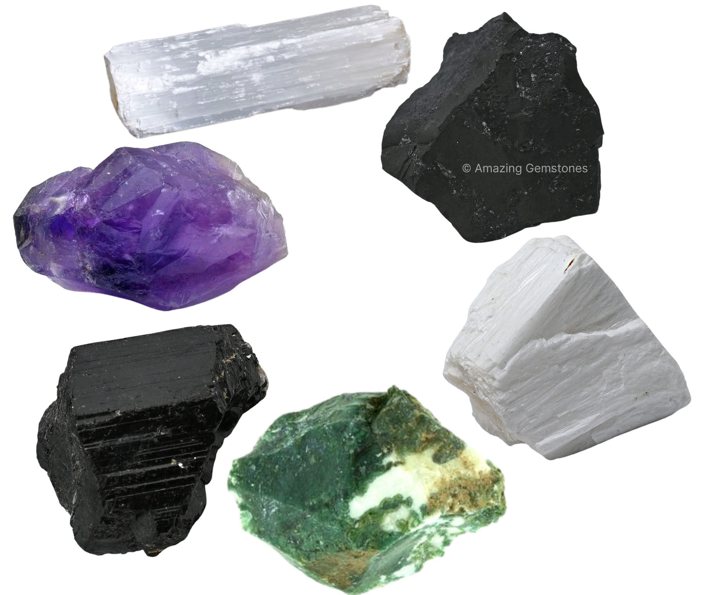 Amazing Gemstone Crystals for House Protection Manifestation, Set of 6 Amethyst, Scolecite, Shungite, Black Tourmaline, Selenite and Moss Agate Healing Crystals and Stones