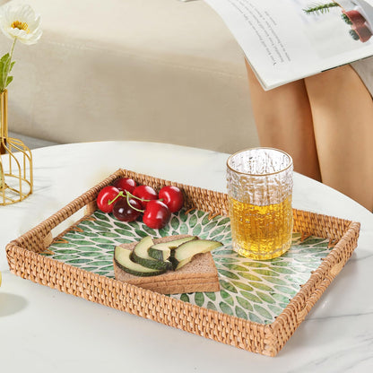 Tynulox Rectangle Rattan Tray with Mother of Pearl Inlay, Rattan Serving Tray with Handle for Coffee, Bread, Fruits, Snacks, Decorative Wicker Tray for Table Decor (Rectangle Green Leaf, 13"×9")