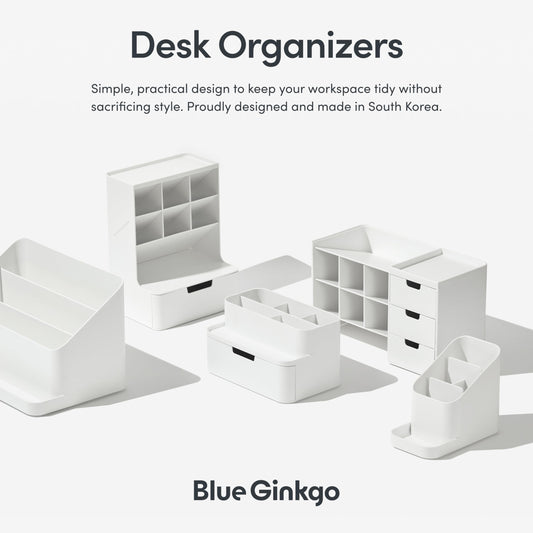 BLUE GINKGO Compact Desk Organizer – Small 5-Compartment, Half Drawer Storage – Pen Holder, Stationery Organizer for Desktop, Vanity, Shelf (Made in Korea, White)