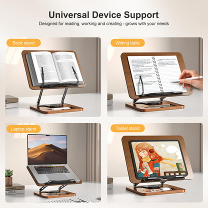 Book Stand for Reading, 360° Rotating Hands Free Book Holder, Adjustable Height and Angle, Page Clip for Cookbook, Recipe, Magazine, Laptop,Tablet, Foldable for Kitchen, Office, School