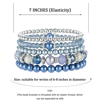 Noessla Beaded Pearl Stretch Bracelet Silver Stackable Crystal Beads Bracelets Trendy Costume Jewelry Mothers Day Gifts for Women(Blue)