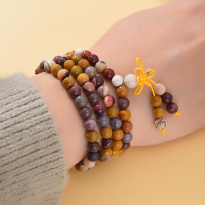108 Mala Prayer Beads Bracelet 6mm Genuine Gemstone Healing Crystal Stone Beaded Bracelet Buddhist Tibetan Handmade Knotted Elastic Necklace for Yoga Meditation Unisex Women Men - Mookaite Jasper