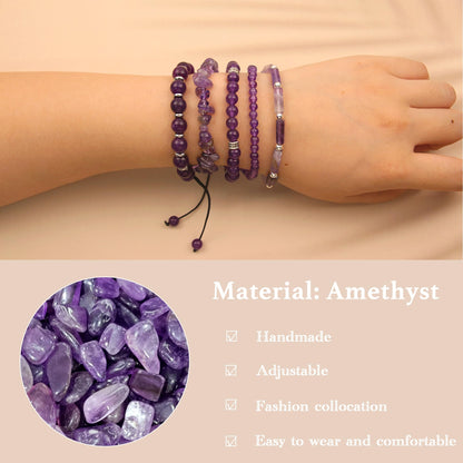 OXUNGALIZ 5Pcs Amethyst Bracelet for Women, Handmade Adjustable Purple Bracelet Amethyst Beads Beaded Bracelet Set Jewelry Gifts for Women