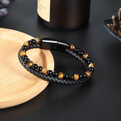 Enjoy Risingsun Tiger Eye Black Leather Bracelet Men Natural Tiger Eye Obsidian Gemstone Crystal Stone Jewelry Handmade Courage And Stress Relief Protection Bracelet