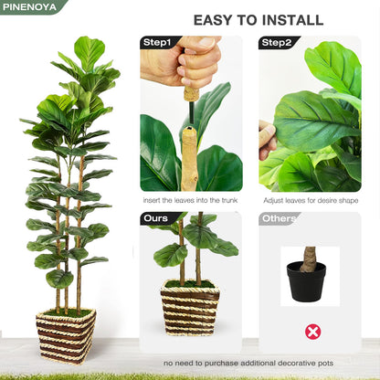 Artificial Fiddle Leaf Fig Tree Indoor with Woven Basket - 5ft Tall Fake Tree with Real-Wood Trunk,Faux Plants for Living Rooms, Offices, Kitchens & Outdoor Spaces (Square Basket)