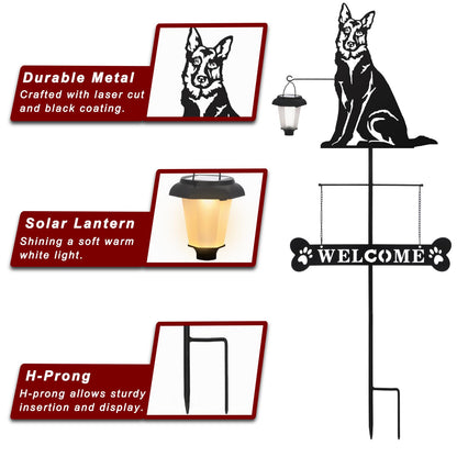 BAYN Solar German Shepherd Silhouette Dog Breed Welcome Sign with a Lantern Outdoor Decorative Garden Stakes for Yard, Lawn, Patio, Pathway