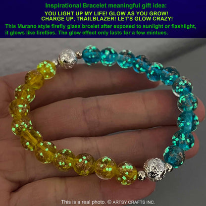 ARTSY CRAFTS INC Glow in The Dark Beads Bracelet, European Lampwork Bead Bracelet, Luminous Beads Anxiety Stress Relief Healing Crystal Chakra Bracelets Women Men (Blue and Lime)