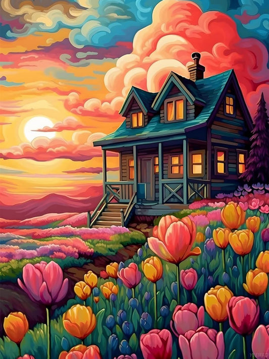 New Year Gift Vintage Landscape Multicolored Tulips Diamond Painting Kit for Adults, DIY Diamond Painting Full Crystal Diamond Art Kit for Home Decor Gift for Christmas Valentine's Day 12x16 inch