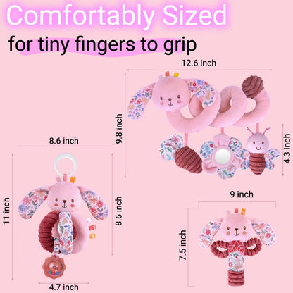 chochumy Baby Spiral Car Seat Toys for Babies 0-6 Months Girl, Stroller Hanging Stuffed Animal Carseat Crinkle Rabbit Toy 0-3-4-5-7-8-9-12 Month, Newborn Infant Gifts Easter Basket Stuffers Bunny 3PCS