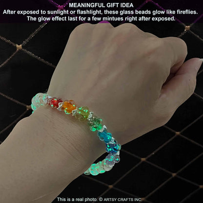 ARTSY Crafts Glow in the Dark Firefly Beads Bracelet for Women, Luminous Glass Beads Healing Crystal Glowing Beaded Bracelets, Mermaid Bracelet Stretch Bangle Wristband (Chakra White)