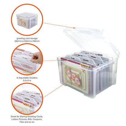 Find Scrapblooms Greeting Card Storage & Organizer Box with 6 Removable Dividers for Holiday Birthday Get Well Cards Photos, Crafts, Scrapbooking(Clear)