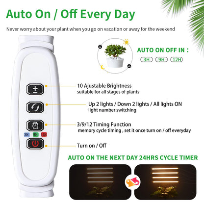RWNTAO LED Plant Growing Lamp, 3500K Full Spectrum Grow Light Strips for Indoor Plants with 3/9/12H Timer & 10 Dimmable Levels, Led Growth Light for Green House Hydroponics Succulent 13In 4Head