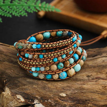 Plumiss 4mm 6mm 8mm Turquoise Jasper Hematite Bead Mixed 5 Wraps Stackable Bracelet Jewelry