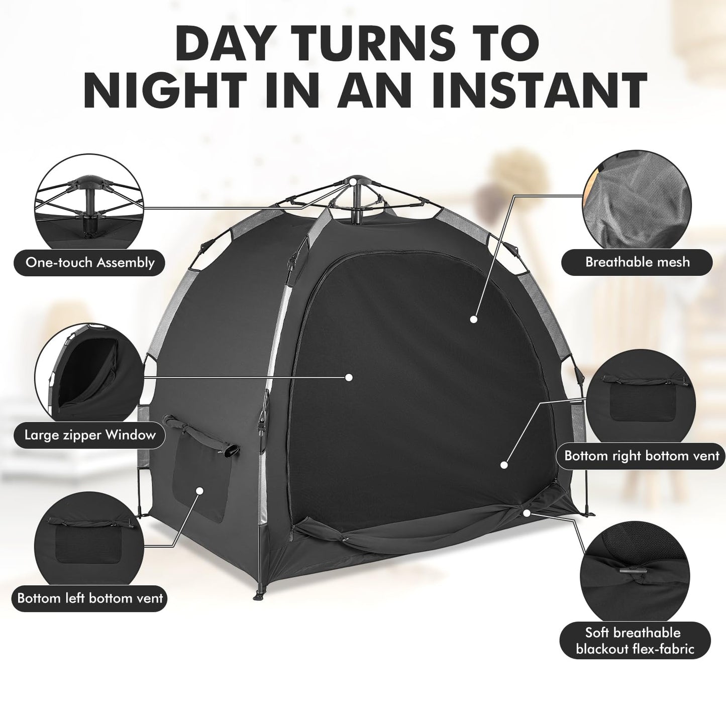 YAVIL Pack N Play Blackout Cover, ONE-Click Folding Baby Sleep Pod Crib Tent,Breathable Baby Travel Crib Canopy Tent,Block Out 95%+ Light,Baby Travel Essential