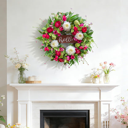 Pinkpuii Spring Wreaths for Front Door Outside– 24 Inch Spring Summer Wreath with Vibrant Pink Peony,Tulip & White Rose Flowers and Hello Wooden Sign,Ideal for Farnhouse Porch,Wall,Window Décor
