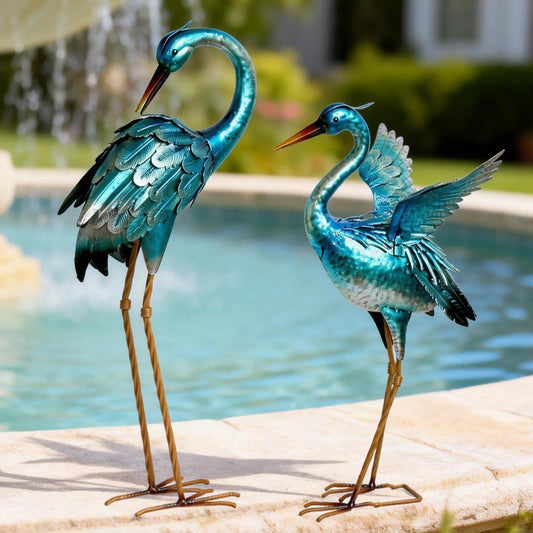 Ratuor Garden Crane Statues for Outdoor Blue Heron Metal Birds Yard Art Ornaments for Backyard Pond Patio Porch Outside Decorations