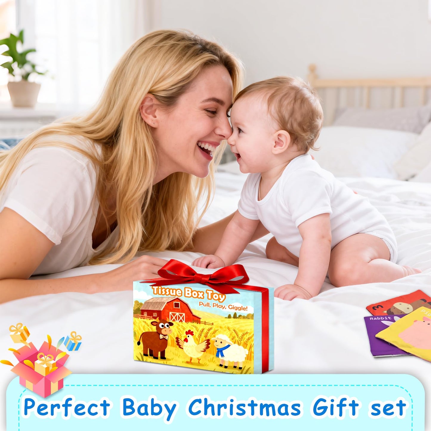 weirtoya Baby Tissue Box Toy-Montessori Sensory Activity Center for 6-18 Months,Farm Animals, Squeaky Sounds, Safety Mirror Play Silks, Top Choice for Baby Registry, Easter Baskets & Birthday Gifts