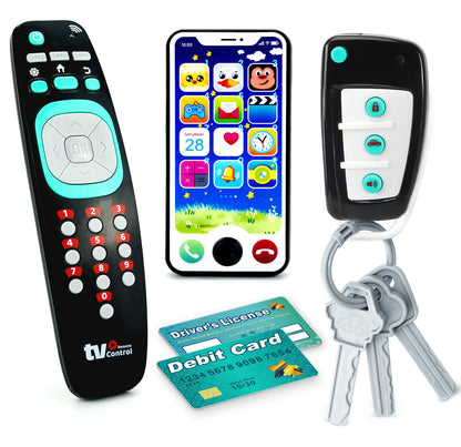 Pretend Play Playset for Toddlers Babies, Musical Toys with Light and Sound for Boys and Girls, TV Remote Control and Smart Phone Toys and Car Remote and Playing Key with Cards Toy Set