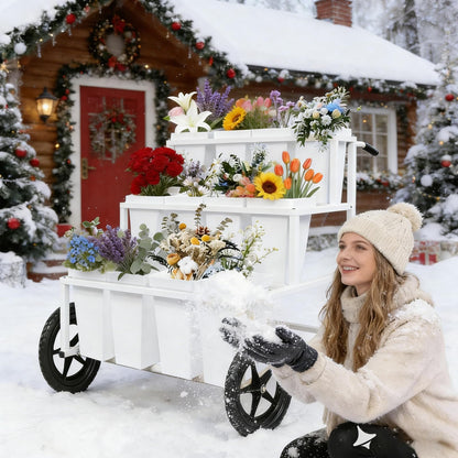Heavy Duty Flower Cart Display Stand with Large Wheels and Handles, Metal Flower Plant Stand with 12 Buckets, Moving Flower Bouquet Holder for Farmers Market Stand, Flower Bar Supplies for Patio Garden Florist Wedding (White, L33.4*W31.4*H*40.5in)