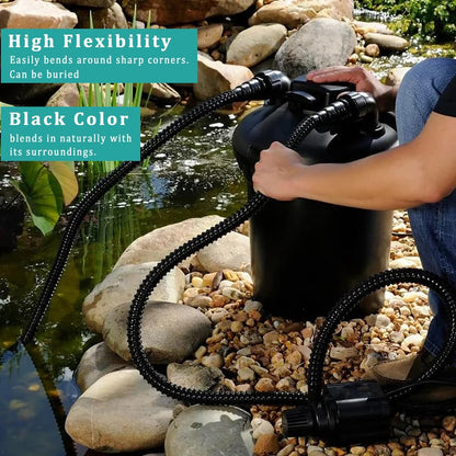Pond Hose ID 1/2” × 25ft Black Corrugated Flexible Reinforced PVC Hose Vinyl Tubing for Pond Pump Fountain Garden Waterfall, Non-toxic & Kinkproof, with 2 clamps