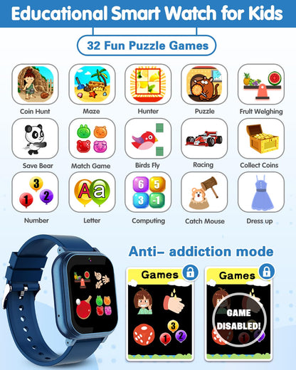 Waterproof Smart Watch for Kids with 32 Games Dual Camera, Habit Tracking, Alarm, Pedometer, HD Touchscreen with Protector, Kids Watch Toys for Boy Age 5-12 Christmas Birthday Gift Boys Girls(Blue)