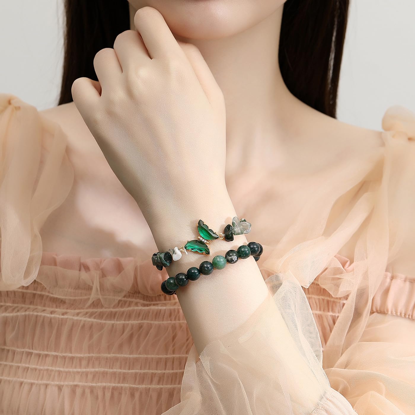 DUQGUHO 2Pcs Butterfly Bracelets for Women Moss Agate Bracelets Green Healing Crystal Bracelet Natural Gemstone Stretchable Jewelry 8mm Beaded Bracelet Gifts for Women