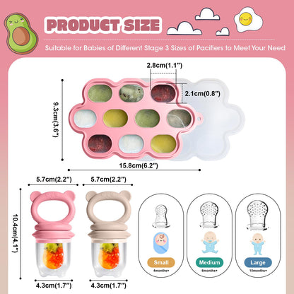 Baby Food Feeder Set, 2 Packs Fruit Feeder & Breastmilk Popsicle Molds Freezer Tray with Lid, Silicone Fruit Feeder to Teething Relief, Introduce New Foods, Baby Feeding Essentials(Red+Beige)